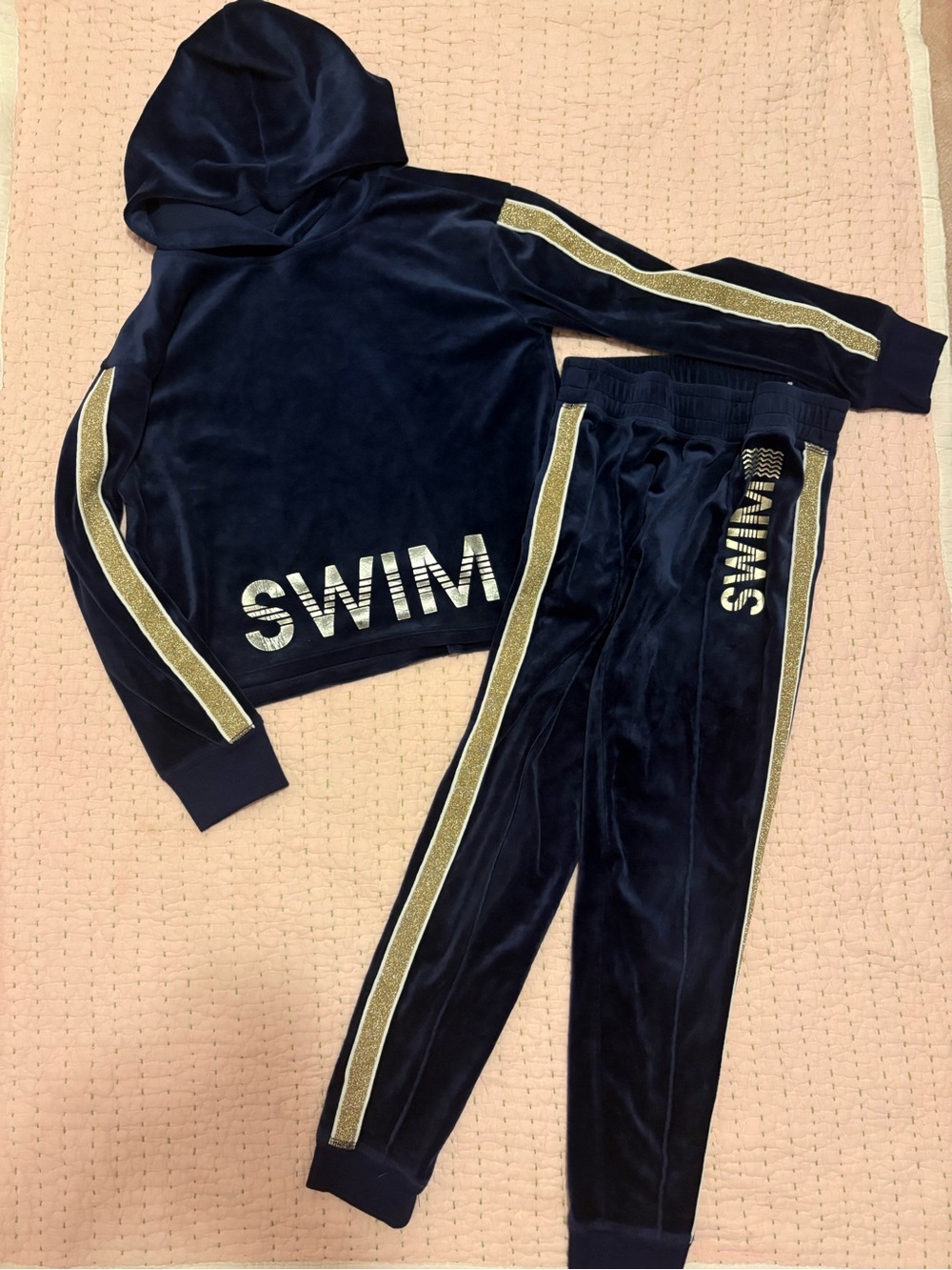 Girls Justice Navy Velour Hoodie & Joggers Set with Gold Trim